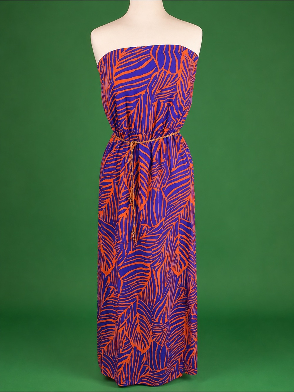 glam Strapless Maxi Dress in Purple and Orange Leaf Print